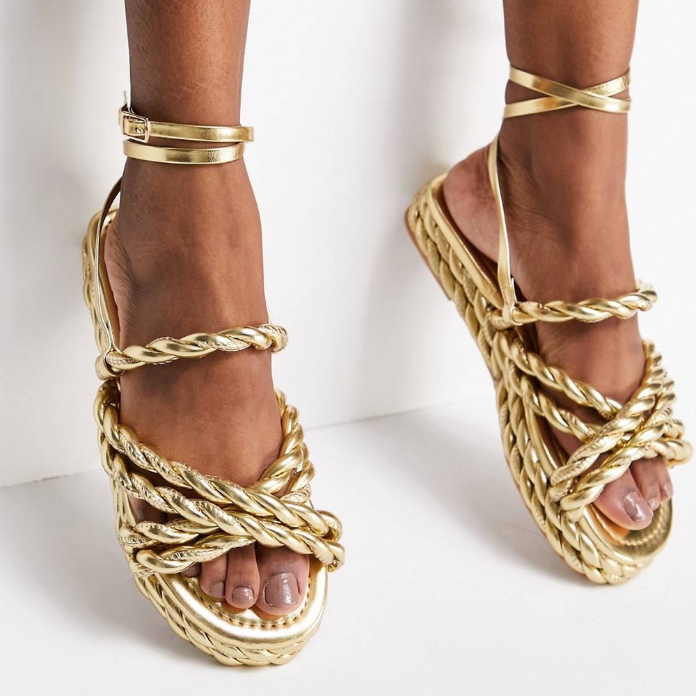 ASOS Franky Rope Flat Sandals in Metallic Gold NWOT